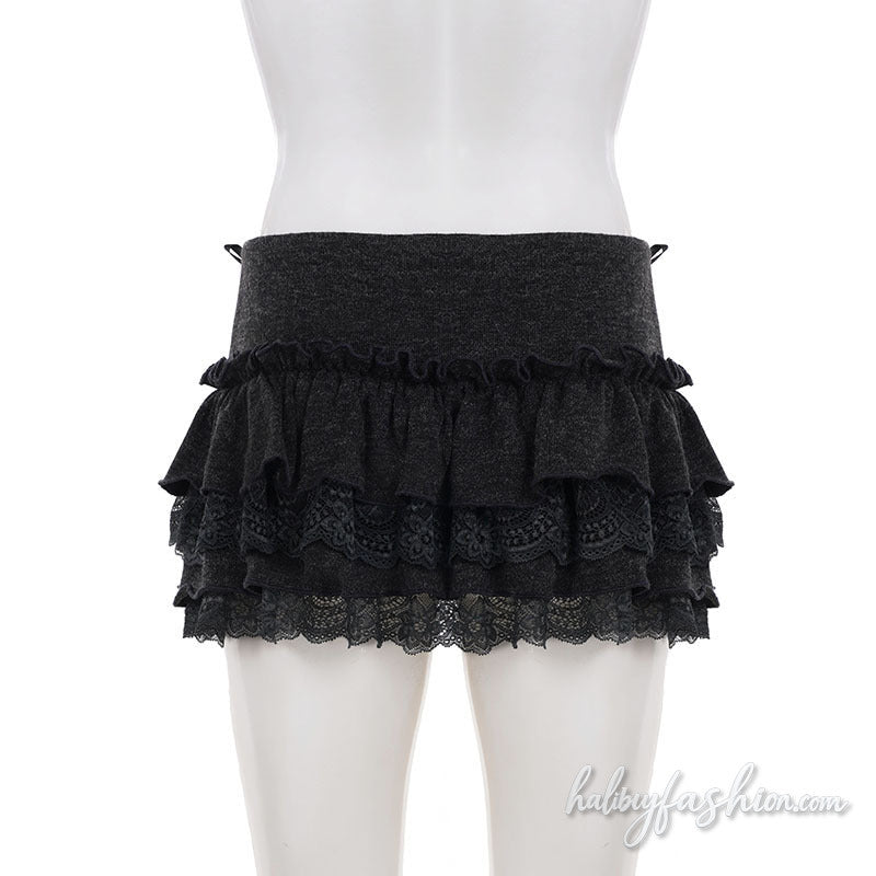 Ruffle bowknot lace hem A line mini skirt