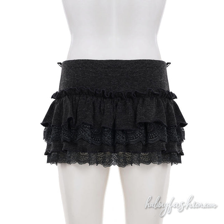Ruffle bowknot lace hem A line mini skirt