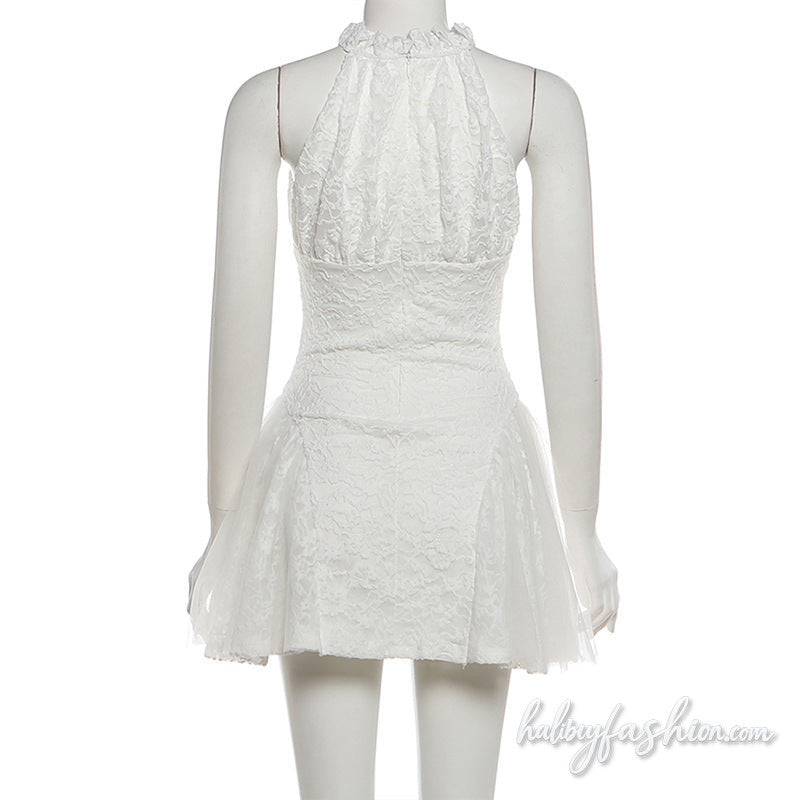 Lace zip-up ruched solid mini dress