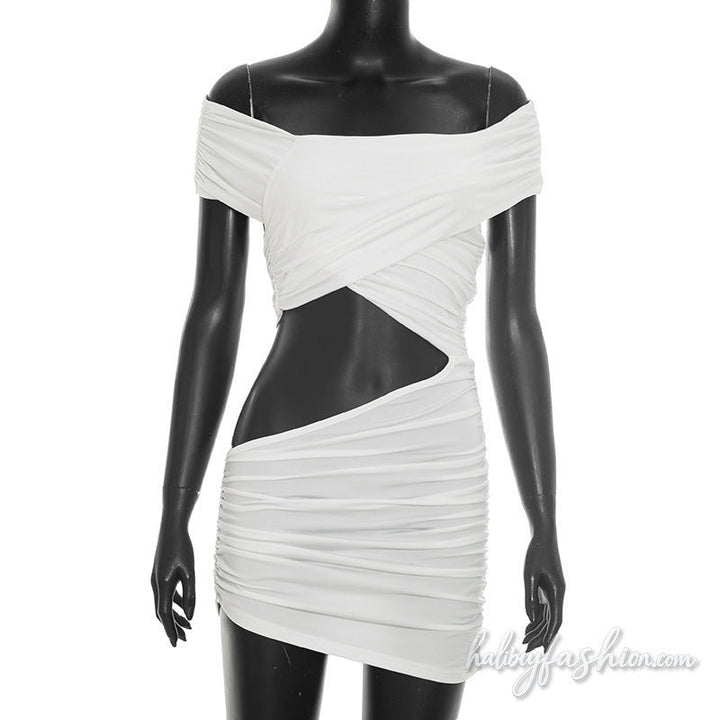 Hollow out irregular off shoulder ruched mini dress - Halibuy - 5