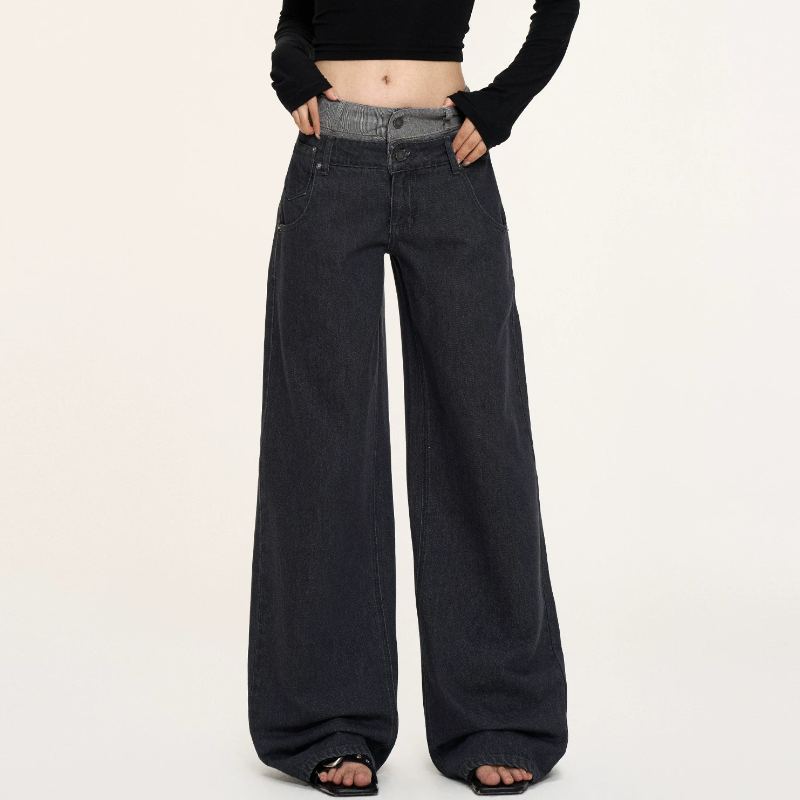 Patchwork button pocket low rise straight leg | Baggy Low Rise Jeans