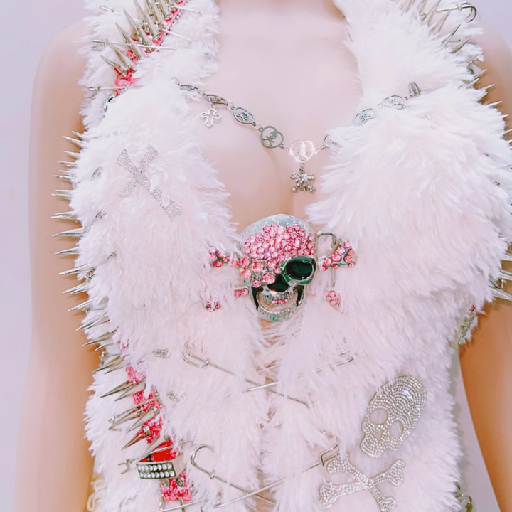 Fluffy rivet halter skull applique self tie mini skirt set  | Festival Outfits Women