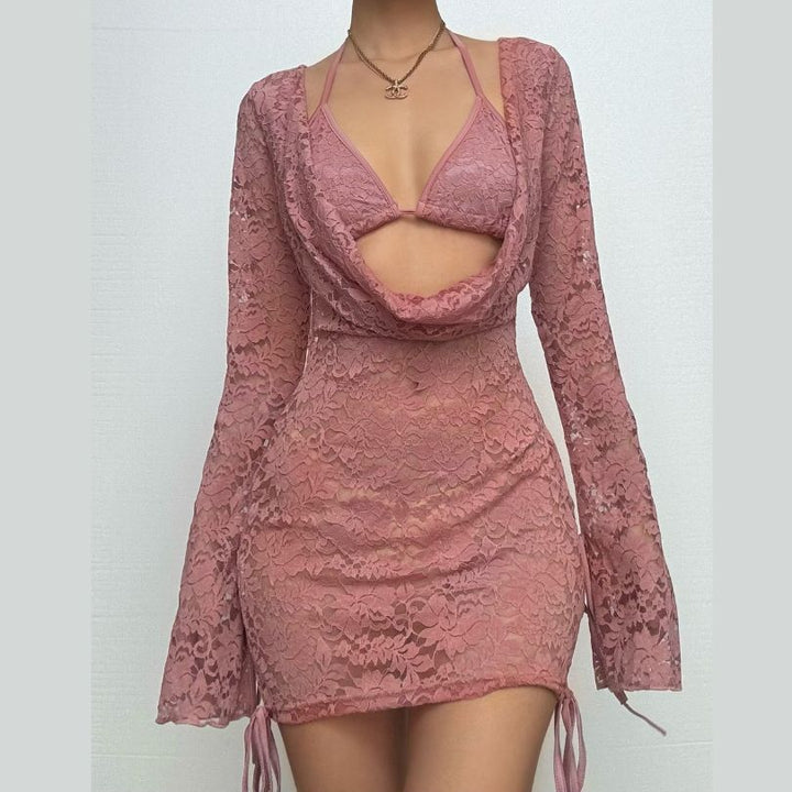 Long sleeve lace hollow out self tie 2 piece mini skirt set  | Festival Outfits Women