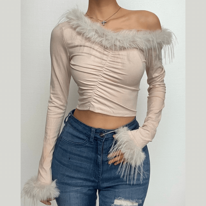 Feather irregular long sleeve ruched off shoulder crop top  | Festival Outfits Women