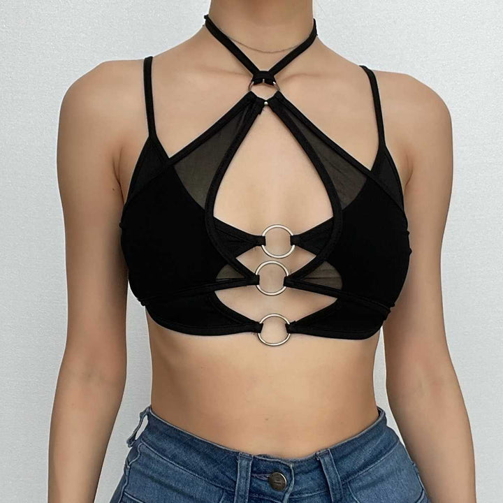 Mesh halter o ring solid hollow out backless patchwork crop cut out top-final-sale