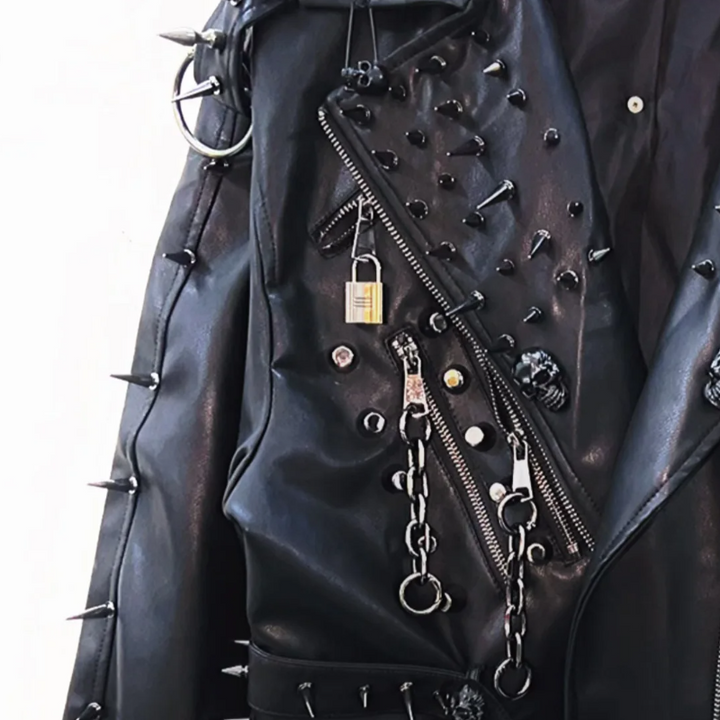 PU leather long sleeve zip-up rivet applique o ring top