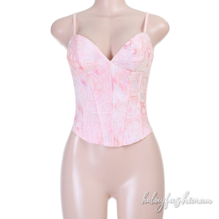 Print v neck corset zip-up backless cami top