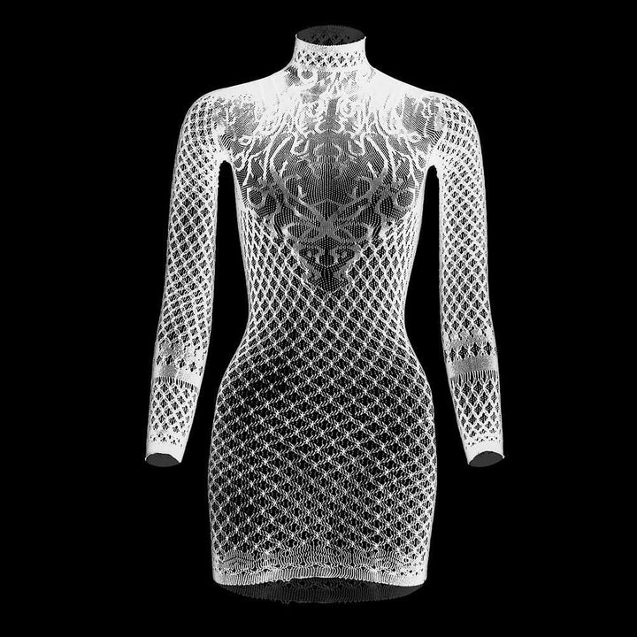 Long sleeve high neck net backless mini dress  | Festival Outfits Women