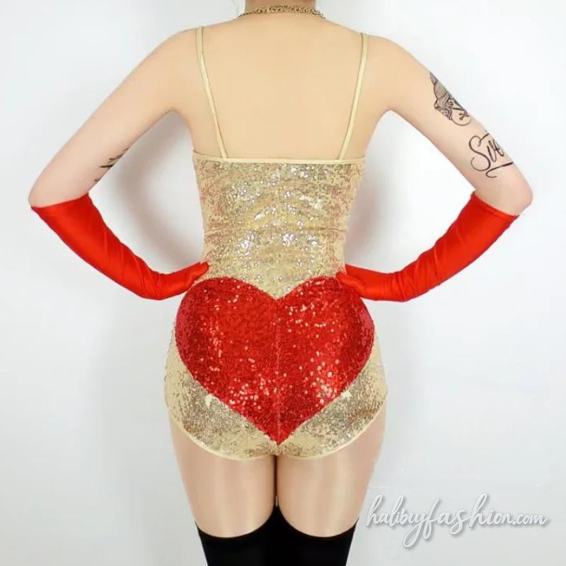 Glitter heart pattern backless cami romper