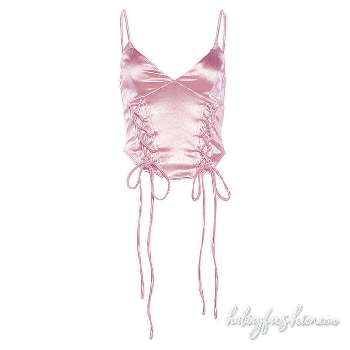 V neck lace up metallic backless cami top - Halibuy - 3