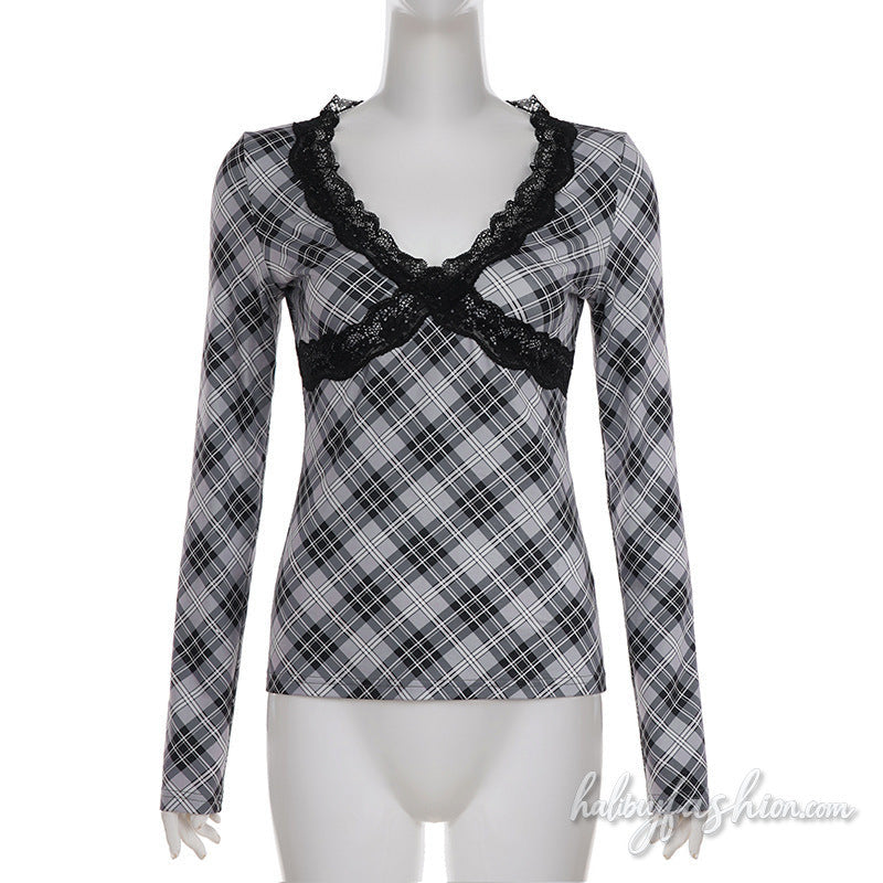 Long sleeve plaid lace hem v neck top