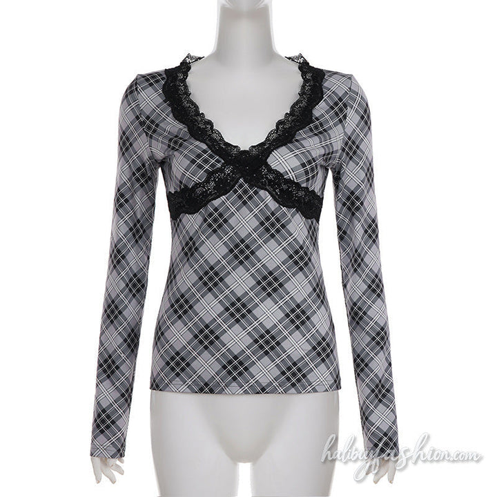 Long sleeve plaid lace hem v neck top