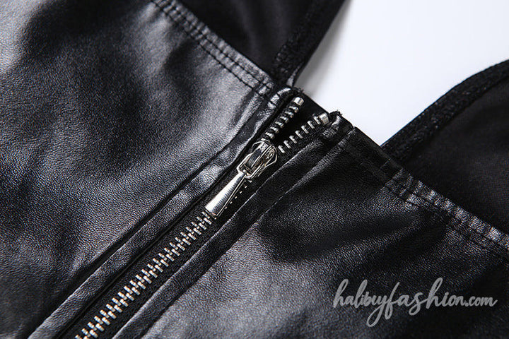 Halter zip-up PU leather hollow out backless top