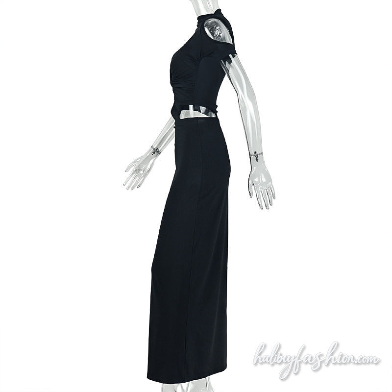 Irregular ruched hollow out slit cami maxi dress