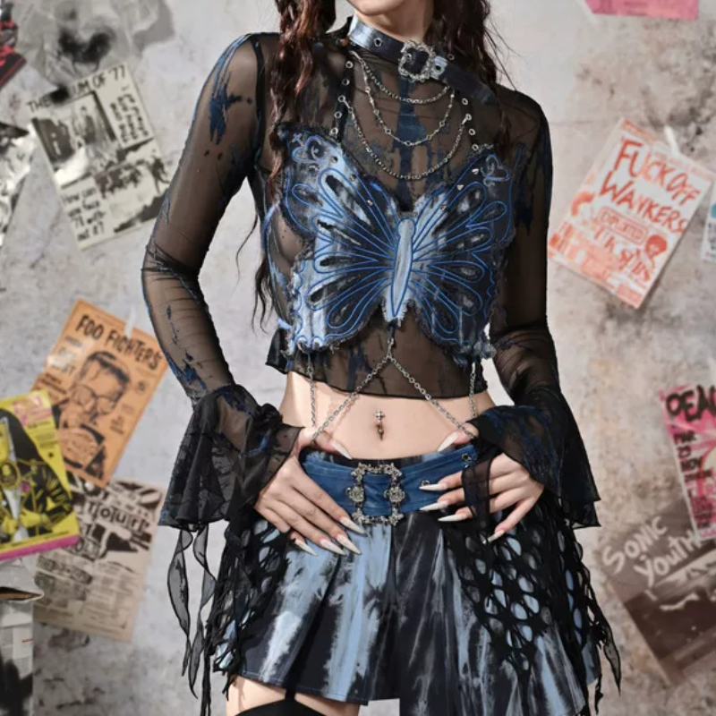 Long flared sleeve mesh print metal chain top