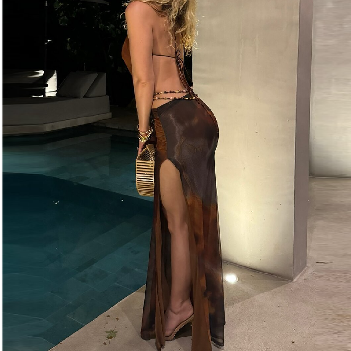 Halter beaded backless slit contrast maxi dress  | Festival Outfits Women