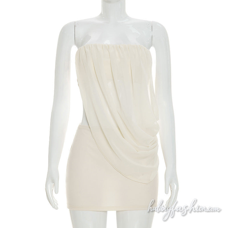 Irregular ruched chiffon tube solid mini skirt set