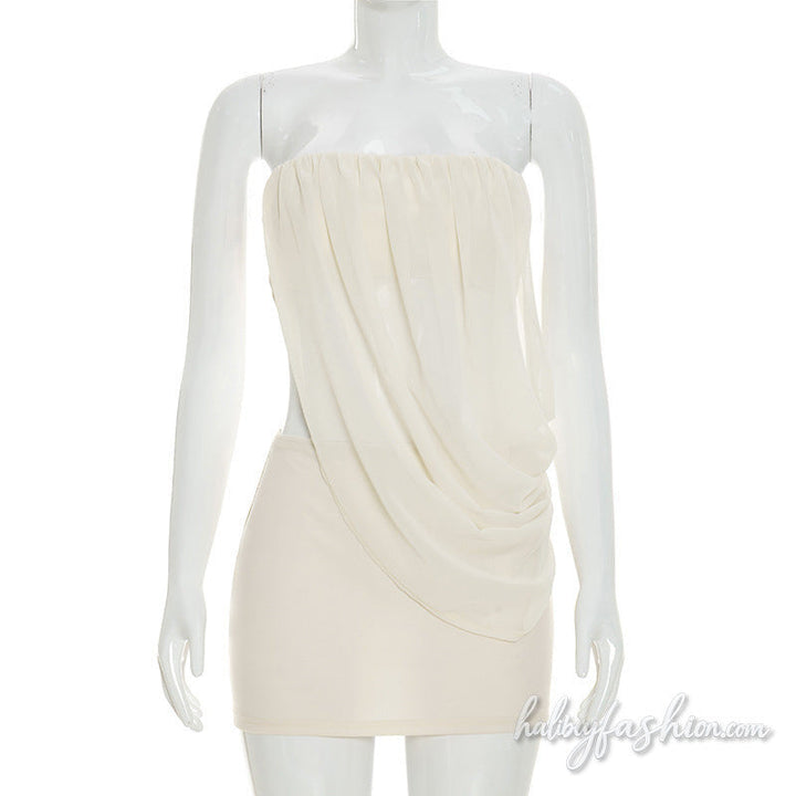 Irregular ruched chiffon tube solid mini skirt set