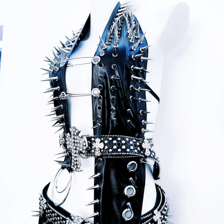 Irregular rivet applique o ring PU leather backless top  | Festival Outfits Women