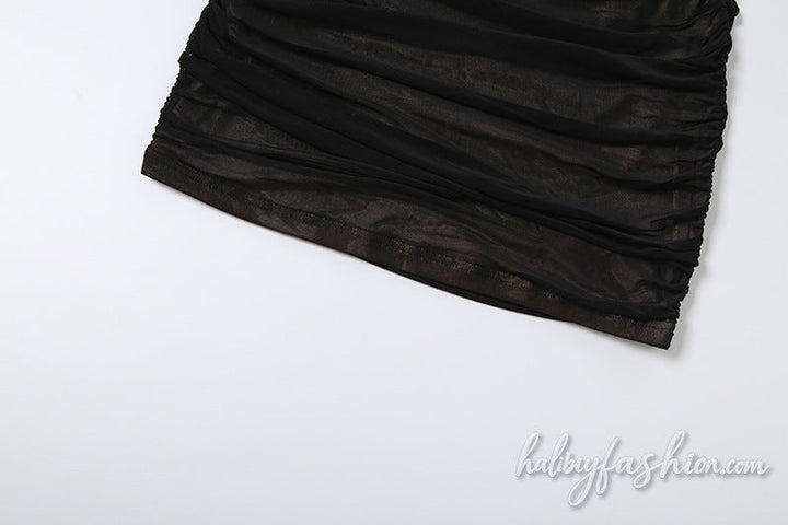 Irregular ruched lace hem spaghetti strap mini dress - Halibuy - 6
