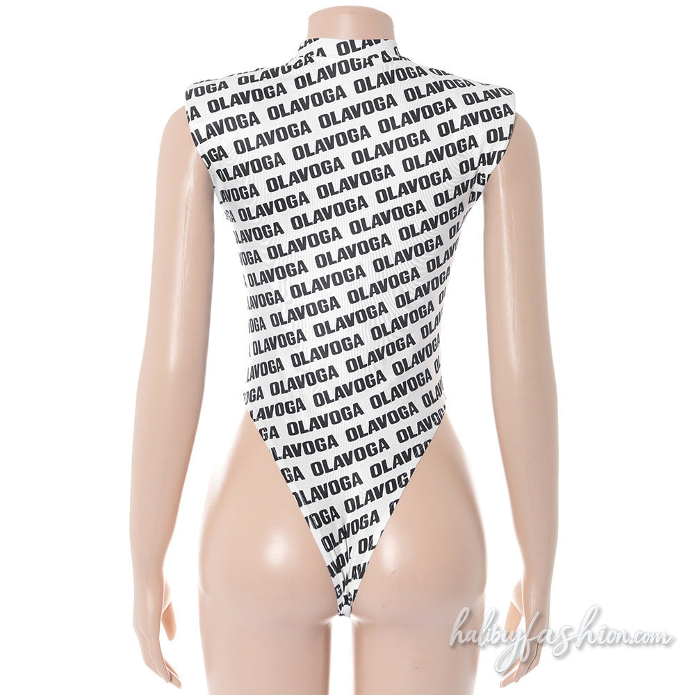 Crewneck letter print button sleeveless bodysuit - Halibuy - 6