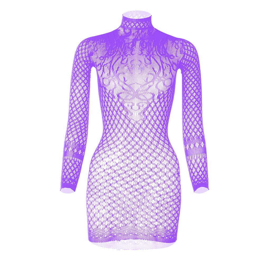 Long sleeve high neck net backless mini dress  | Festival Outfits Women