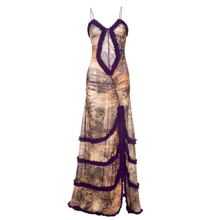 Ruffle spaghetti strap sheer mesh irregular slit maxi dress-final-sale