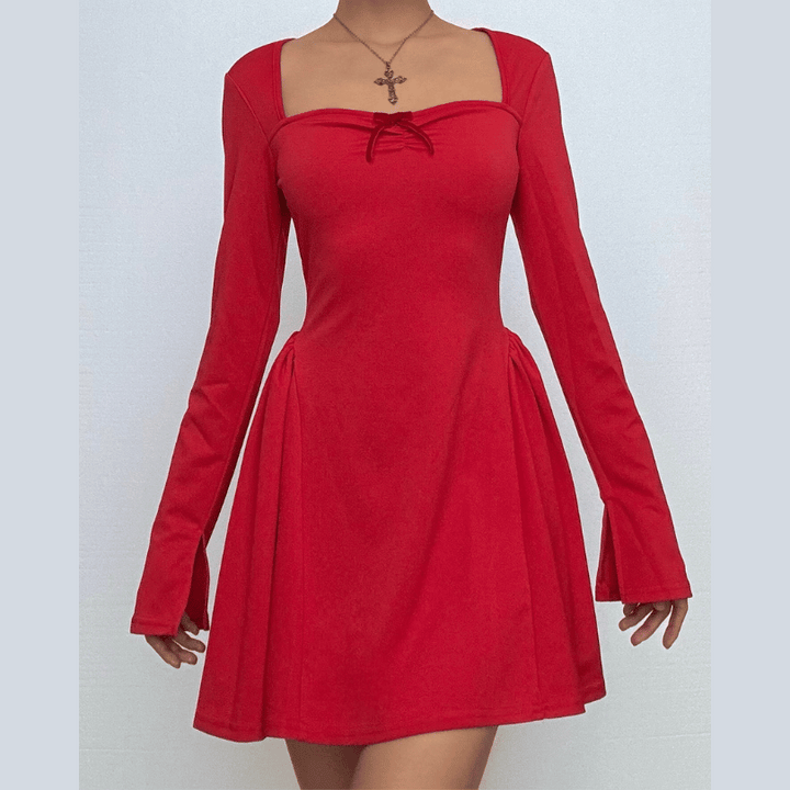 Long sleeve bowknot solid ruched mini dress  | Festival Outfits Women