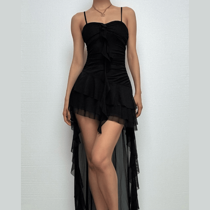 Ruched mesh ruffle sweetheart neck cami maxi dress  | Festival Outfits Women