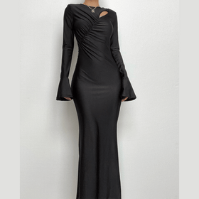 Ruched solid hollow out irregular long sleeve cut out maxi dress - Final Sale