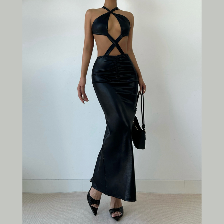 Hollow out ruched cross back backless maxi dress