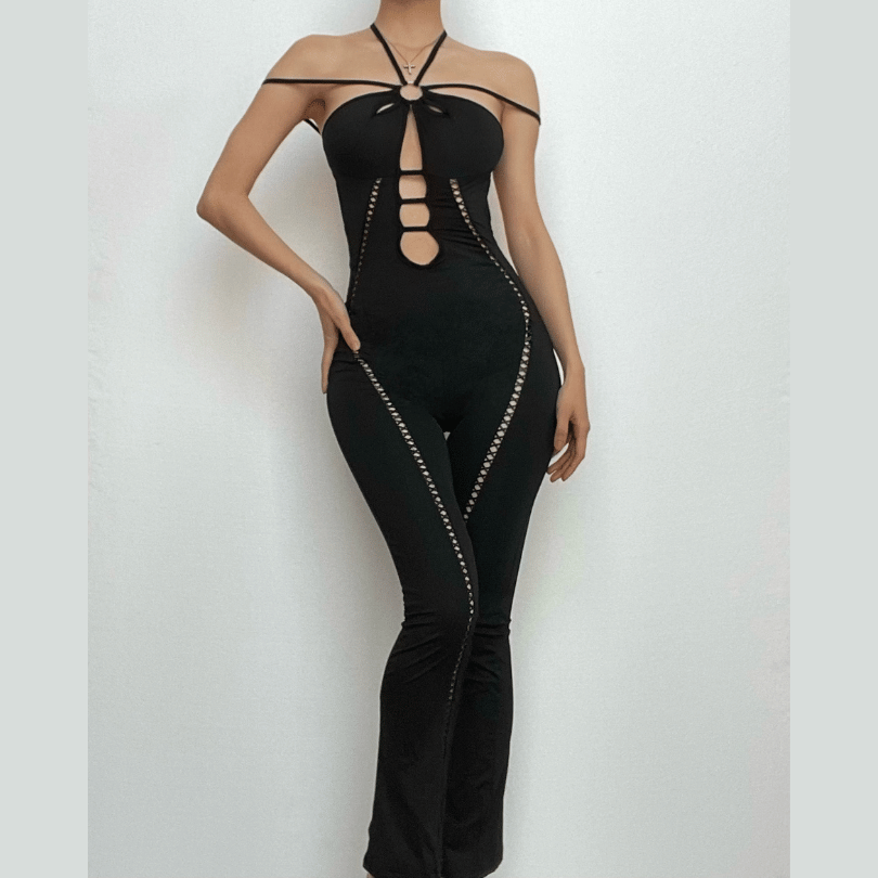 Lace up hollow out halter o ring backless solid jumpsuit  | Festival Outfits Women