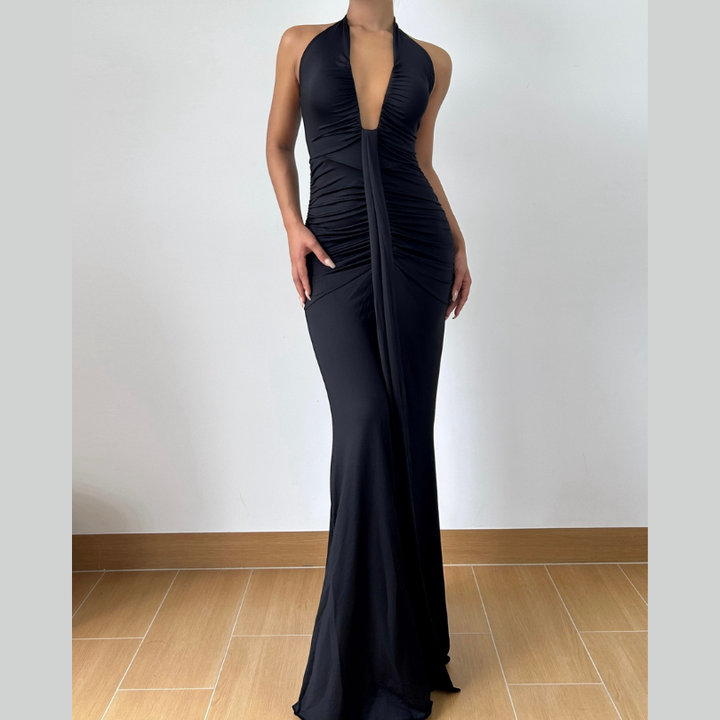 Deep v neck ruched backless maxi dress  | Festival Outfits Women