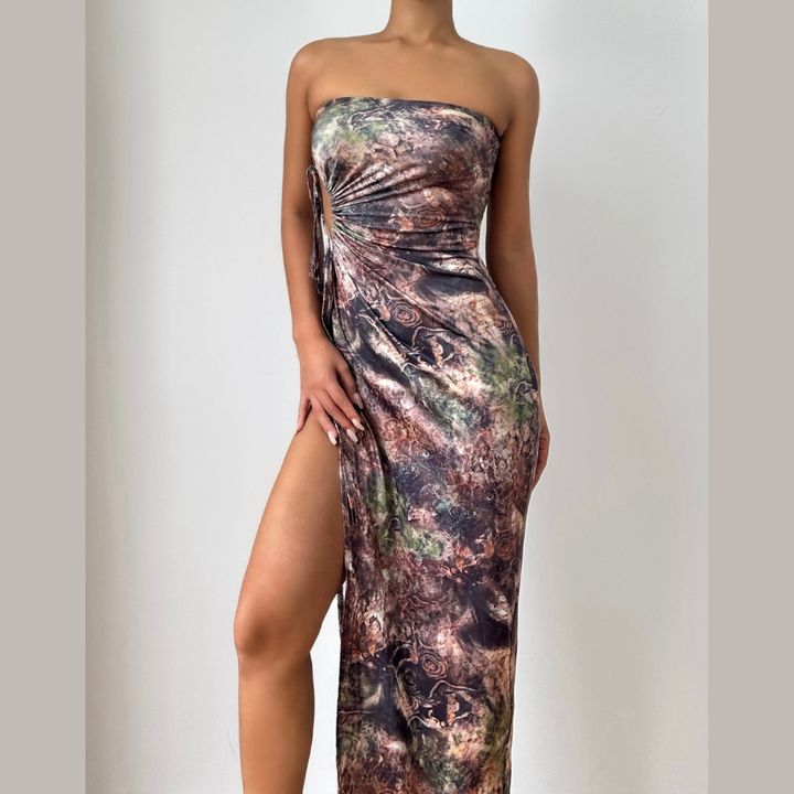 Slit hollow out ruched print tube cut out maxi dress-final-sale