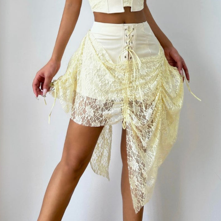 Lace up ruched lace irregular A line mini skirt  | Festival Outfits Women