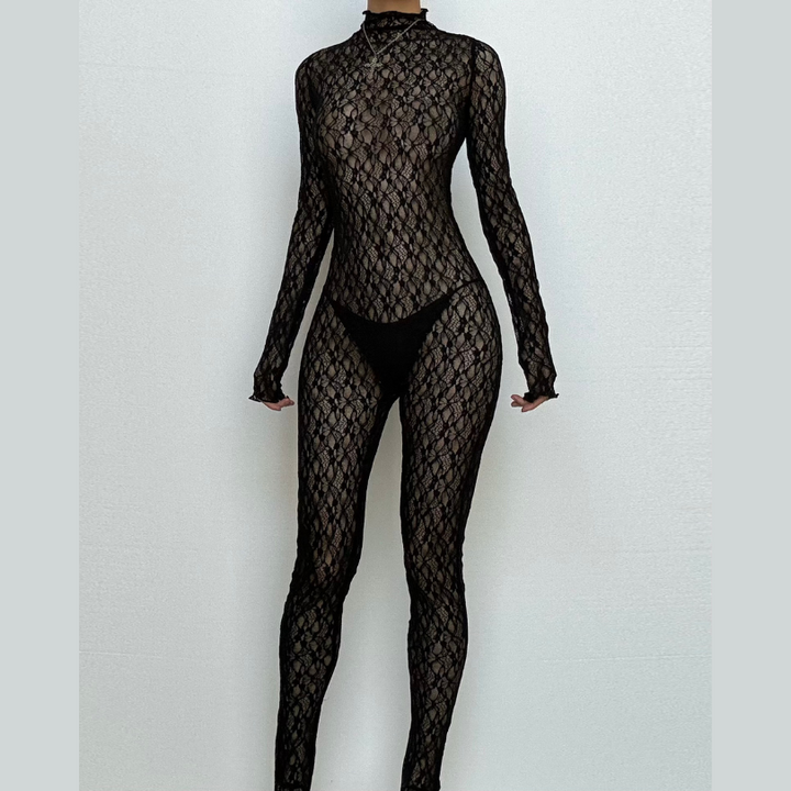 Long sleeve lace high neck zip-up see through jumpsuit  | Festival Outfits Women