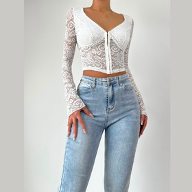 V neck button long sleeve lace top  | Festival Outfits Women