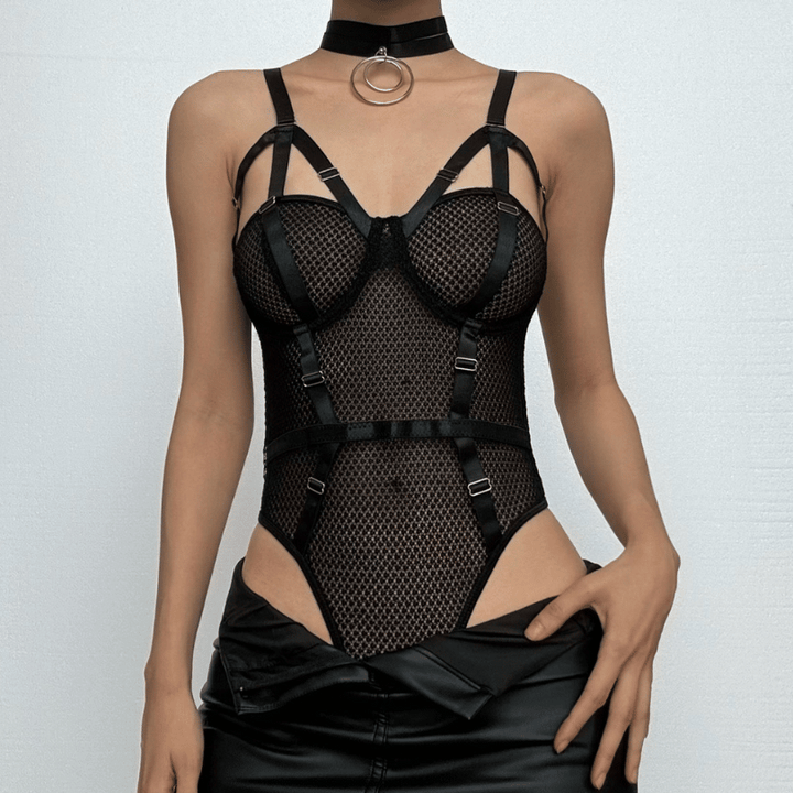 Halter strappy o ring fishnet bodysuit with choker  | Festival Outfits Women