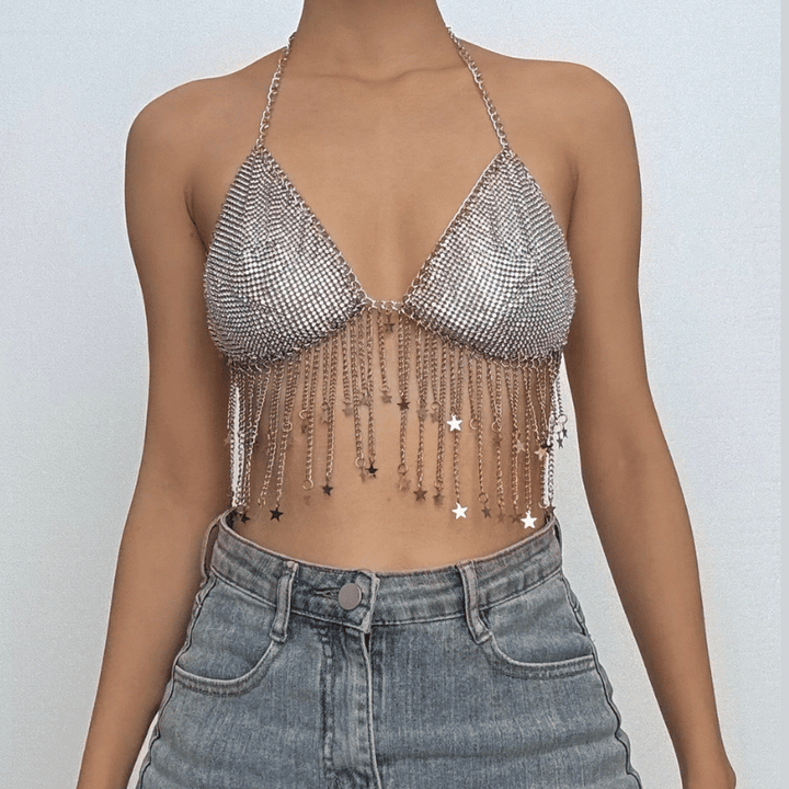 Metal chain halter beaded v neck tassels top  | Festival Outfits Women-final-sale