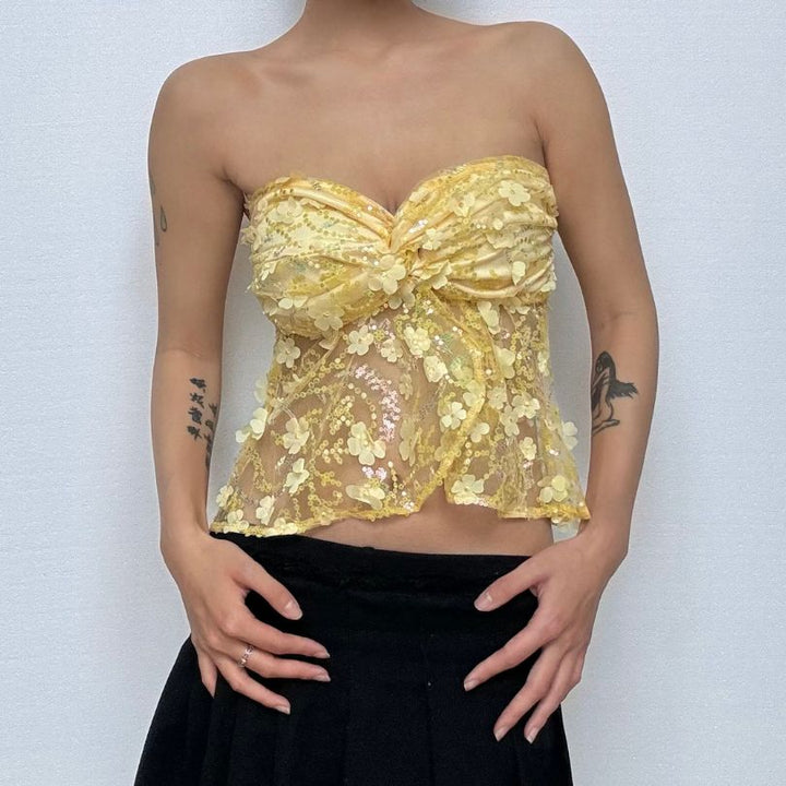 Glitter flower applique backless tube top  | Festival Outfits Women