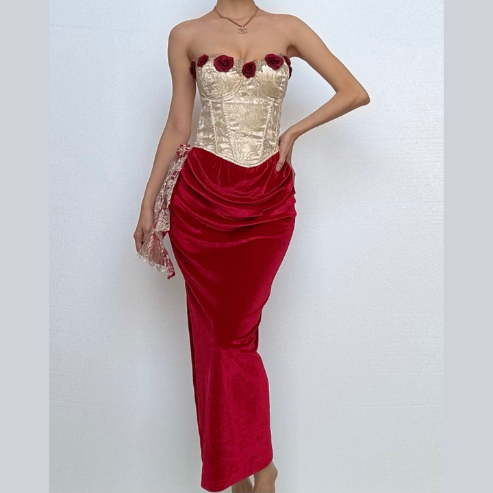 Sweetheart neck bustier flower applique contrast tube maxi dress  | Festival Outfits Women