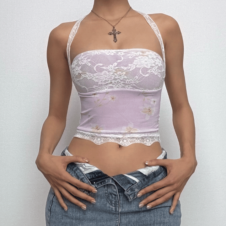 Sheer mesh lace self tie front floral print tube top