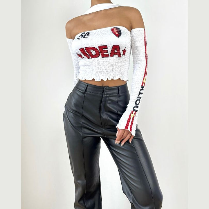 Halter gloves smocked ruffle letter print tube top-final-sale