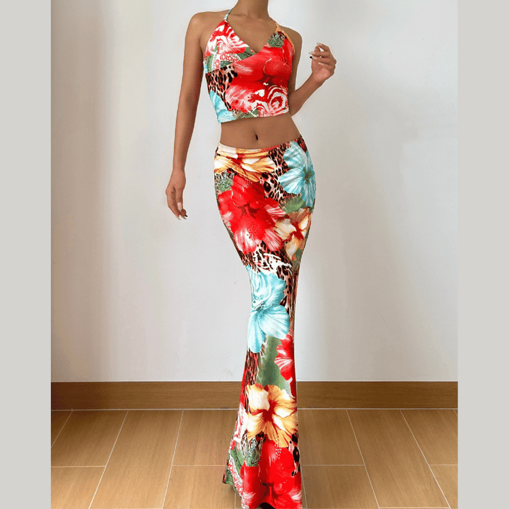 V neck self tie halter flower print maxi skirt set  | Festival Outfits Women