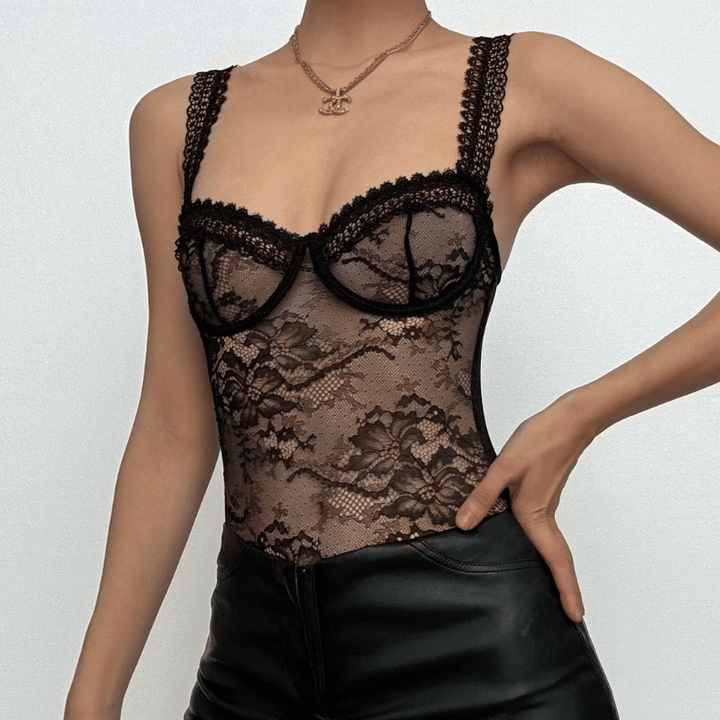Sheer lace see through backless cami bodysuit  | Festival Outfits Women