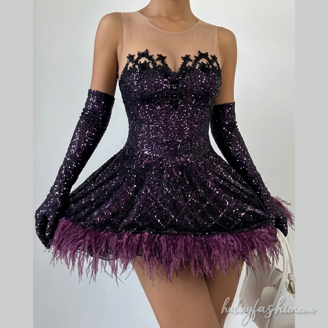 Raw hem crewneck sleeveless beaded mini dress