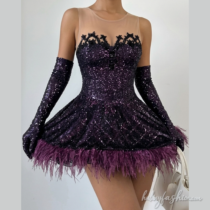 Raw hem crewneck sleeveless beaded mini dress
