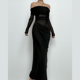 Long sleeve off shoulder mesh ruched maxi dress  | Festival Outfits Women
