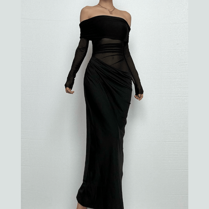 Long sleeve off shoulder mesh ruched maxi dress  | Festival Outfits Women