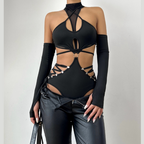 High neck o ring hollow out lace up gloves bodysuit  | Festival Outfits Women
